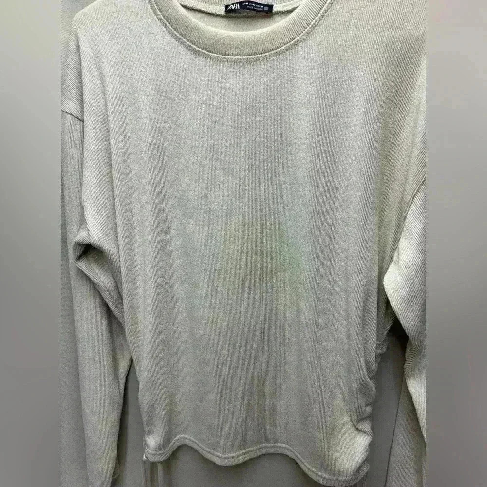 Zara Tan long sleeve side drawstring ruching Shirt Size Medium - Picture 3 of 4
